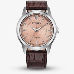 Citizen Mens Rolan Salmon Dial Brown Leather Strap Watch AW2110-14Z