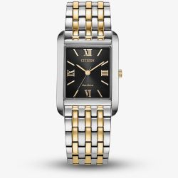 Citizen Mens Dress Classic Black Dial Rectangle Two Tone Bracelet Watch BJ6574-59E
