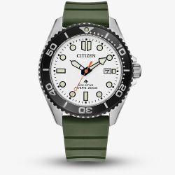 Citizen Mens Promaster Diver White Dial Green Polyurethane Strap Watch BN0265-00A