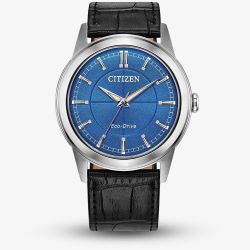 Citizen Mens Rolan Blue Dial Black Leather Strap Watch FE7130-01L