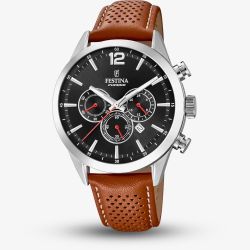 Festina Mens Timeless Chronograph Brown Leather Strap Watch F20542/6