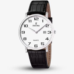 Festina Mens Classics White Dial Black Leather Strap Watch F16476/1