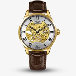 Rotary Mens Greenwich Skeleton Gold Plated Automatic Leather Strap Watch GS02941/03