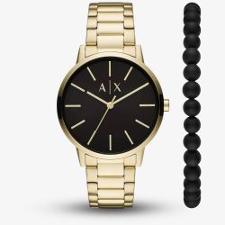 Armani Exchange Mens Cayde Gold Watch & Beaded Bracelet Gift Set AX7119