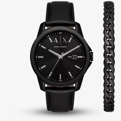 Armani Exchange Mens Banks Leather Strap Watch & Chain Bracelet Gift Set AX7147SET