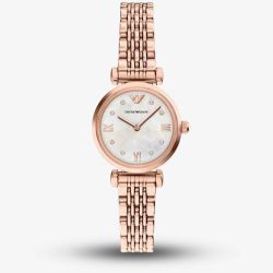Emporio Armani Ladies Gianni White Mother Of Pearl Dial Rose Gold Tone Bracelet Watch AR11805