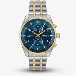 BOSS Mens Skytraveller Two-Tone Blue Chronograph Watch 1514247