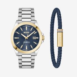 BOSS Mens Strike Blue Dial Watch & Bracelet Gift Set 1570191