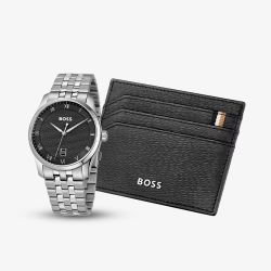 BOSS Mens Principle Black Dial Bracelet Watch & Iconic Black Card Holder Wallet Gift Set 1570204