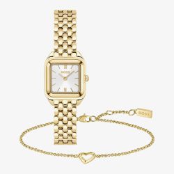 BOSS Ladies Mae Petit Golden Square Bracelet Watch and Open Heart Bracelet Gift Set 1570203
