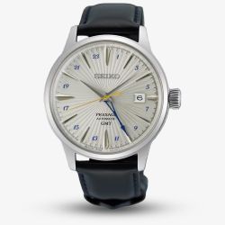 Seiko Mens Presage Silver Bullet Cocktail Time GMT Silver Dial Brown Leather Strap Watch SSK049J1