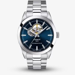 Tissot Mens Gentleman Open Heart Skeleton Blue Bracelet Watch T127.407.11.041.01