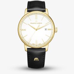 Maurice Lacroix Mens Eliros Gold Tone Black Leather Strap Watch EL1118-PVY01-110-2