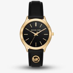 Michael Kors Ladies Slim Runway Black Leather Strap Watch MK7553