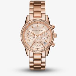 Michael Kors Ladies Bryant Rose Chronograph Dial Rose Gold Plated Bracelet Watch MK6357