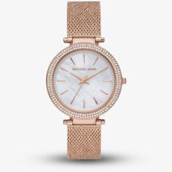Michael Kors Ladies Darci Mother Of Pearl Dial Crystal Set Bezel Rose Gold Plated Mesh Strap Watch MK4519