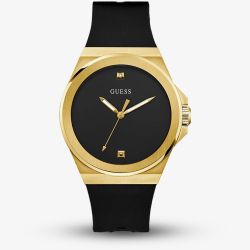 Guess Mens Vinyl Gold Tone Black Dial Watch GW0790G1