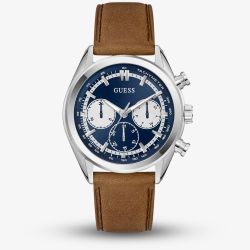 Guess Mens Dawson Blue Chronograph Dial Brown Leather Strap Watch GW0972G1