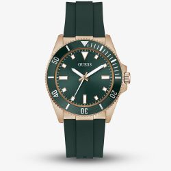 Guess Mens Cliff Rose Gold Tone Green Rubber Strap Watch GW0969G5