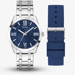 Guess Mens Elliot Silver Blue Dial Watch Gift Set GW1008G1