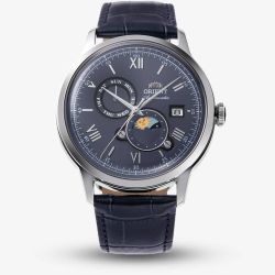 Orient Mens Bambino Sun & Moon Blue Dial Leather Strap Watch RA-AK0806L