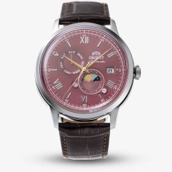 Orient Mens Bambino Sun & Moon Red Dial Leather Strap Watch RA-AK0807R