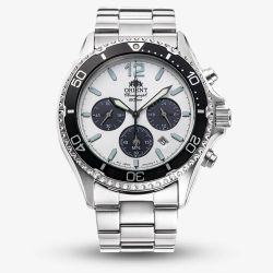 Orient Mens Mako Chronograph Solar White Dial Bracelet Watch RA-TX0203S