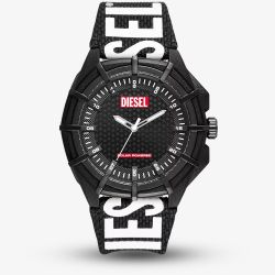 Diesel Mens Framed Black & White Logo Fabric Strap Watch DZ4654