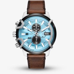 Diesel Mens Griffed Blue Chronograph Leather Strap Watch DZ4656