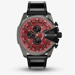 Diesel Mens Mega Chief Red Chronograph Dial Leather Strap Watch DZ4714