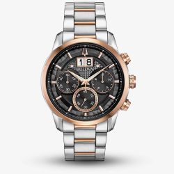 Bulova Mens Classic Stainless Steel Black Chronograph Dial Rose Gold Plated Two Tone Bracelet Watch 98B335