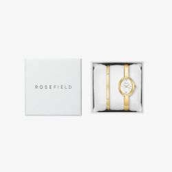 ROSEFIELD Ladies Studio Bangle White Mother of Pearl Golden Bangle Bracelet Watch & Crystal Bangle Gift Set BWGCG-X293