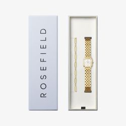 ROSEFIELD Ladies Boxelle White Dial Golden Bracelet Watch & Round Crystals Bracelet Gift Set BWGRC-X283