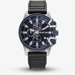 G-STAR Mens Bend3D Blue Dial Black Leather Strap Watch GSW.505.02