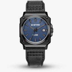 G-STAR Mens Cube Blue Dial Black Leather Strap Watch GSW.508.03