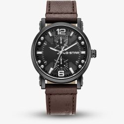 G-STAR Mens Rovic Black Dial Brown Leather Strap Watch GSW.509.03