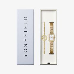 ROSEFIELD Ladies Mini Octagon White Dial Golden Bracelet Watch & Tree of Life Crystal Bracelet Gift Set MWGTG-X297