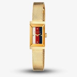 Gucci Ladies G-Frame Gold Plated Rectangle Dial Mesh Strap Watch YA147511