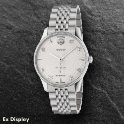 Ex-Display Gucci Mens G-Timeless Automatic White Guilloche Dial Bracelet Watch YA126354