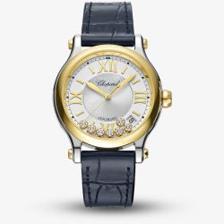 Chopard Happy Sport 18ct Yellow Gold Diamond Black Leather Strap Watch 278559-4001