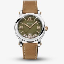 Chopard Happy Sport Two Tone Diamond Green Dial Brown Leather Watch D278559-6028