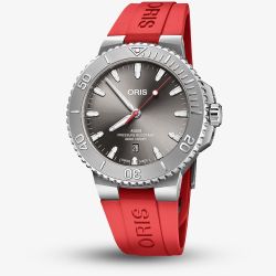 Oris Mens Aquis Date Relief Sunray Grey Dial Red Rubber Strap Watch 01 733 7789 4153-07 4 23 36FC
