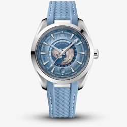 OMEGA Mens Seamaster Aqua Terra GMT Worldtimer Blue Rubber Strap Watch 220.12.43.22.03.002