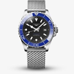 Longines Mens Hydroconquest Automatic 42mm Blue Bezel Mesh Bracelet Watch L3.788.4.90.6