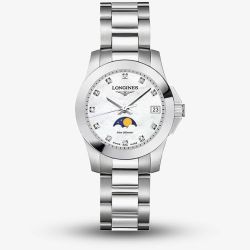 Longines Ladies Conquest Moonphase Diamond Set Mother Of Pearl Dial Bracelet Watch L3.380.4.87.6