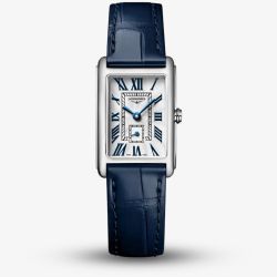 Longines Ladies Dolcevita Silver Rectangle Dial Blue Leather Strap Watch L5.255.4.70.2