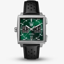 TAG Heuer Mens Monaco Chronograph Green Dial Black Leather Strap Watch CDW2180.FC8360