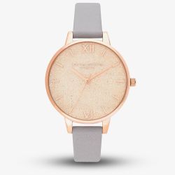 Olivia Burton Glitter Dial Pale Rose Gold and Grey Lilac Leather Strap Watch OB16GD45