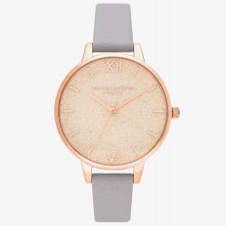 Olivia Burton Glitter Dial Pale Rose Gold and Grey Lilac Leather Strap Watch OB16GD45