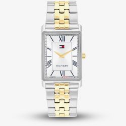 Tommy Hilfiger Mens Ben Rectangle Silver Dial Two Tone Bracelet Watch 1710774